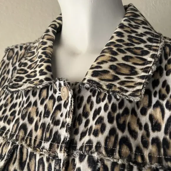 TOMMY BAHAMA TWO PALMS LAGOON LEOPARD 100% LINEN RAW EDGE FLIP CUFF JACKET Large - Picture 15 of 16